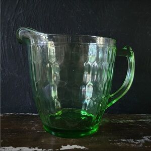 Honeycomb Optic Green Glass Pitcher Teleflora 75 Years Reissue Depression Glass